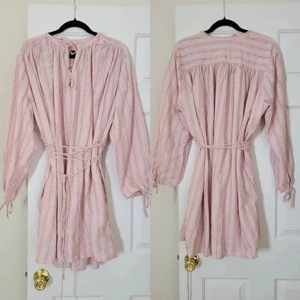 J. Crew Re-Imagined Alma Pink Striped Beach Boho Cotton Dress Womens Size L-XL,